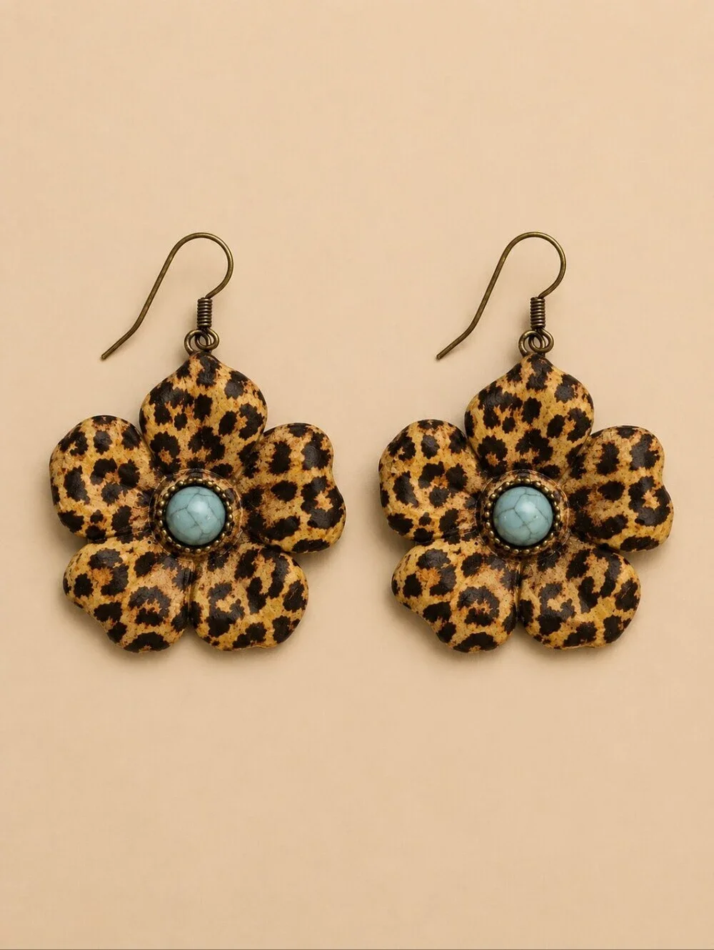 Vintage 1980s Leopard Print Flower Dangle Earrings